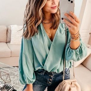 New Vici Blue Blush Satin billowy sleeves surplice blouse